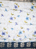 Raw mango fancy saree half white color allover prints & zari border with zari pallu and contrast blouse