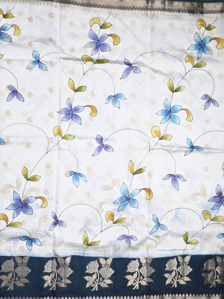 Raw mango fancy saree half white color allover prints & zari border with zari pallu and contrast blouse