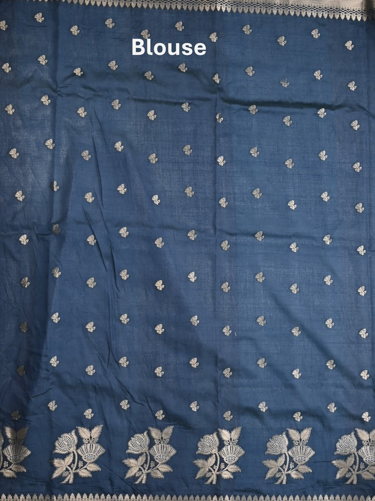 Raw mango fancy saree half white color allover prints & zari border with zari pallu and contrast blouse