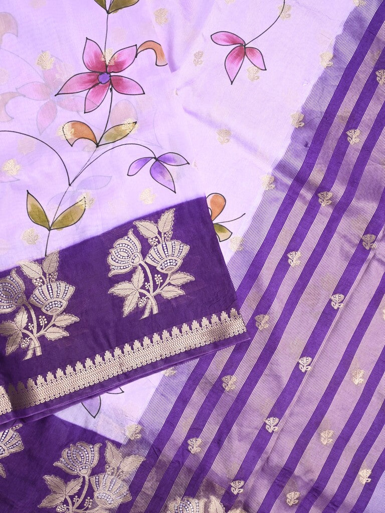 Raw mango fancy saree pastel purple color allover prints & zari border with zari pallu and contrast blouse