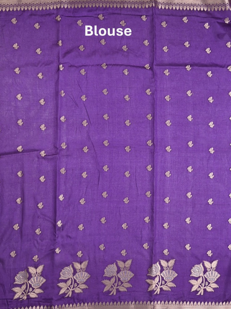 Raw mango fancy saree pastel purple color allover prints & zari border with zari pallu and contrast blouse