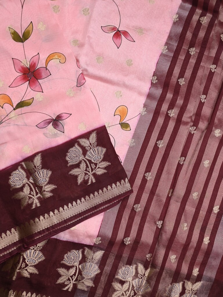 Raw mango fancy saree baby pink color allover prints & zari border with zari pallu and contrast blouse