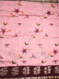Raw mango fancy saree baby pink color allover prints & zari border with zari pallu and contrast blouse