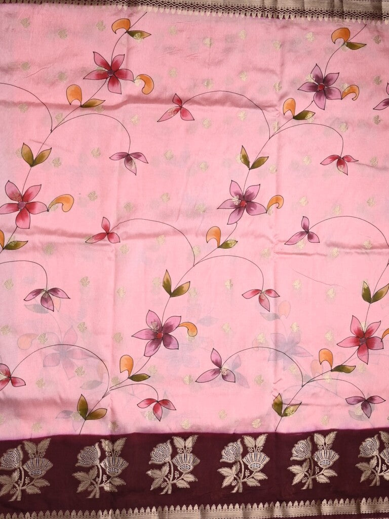 Raw mango fancy saree baby pink color allover prints & zari border with zari pallu and contrast blouse