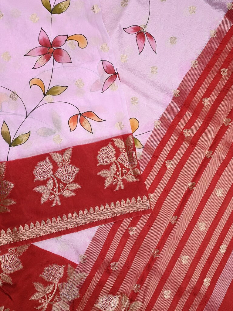 Raw mango fancy saree pastel blue color allover prints & zari border with zari pallu and contrast blouse