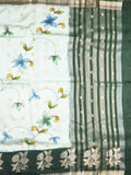 Raw mango fancy saree half white color allover prints & zari border with zari pallu and contrast blouse