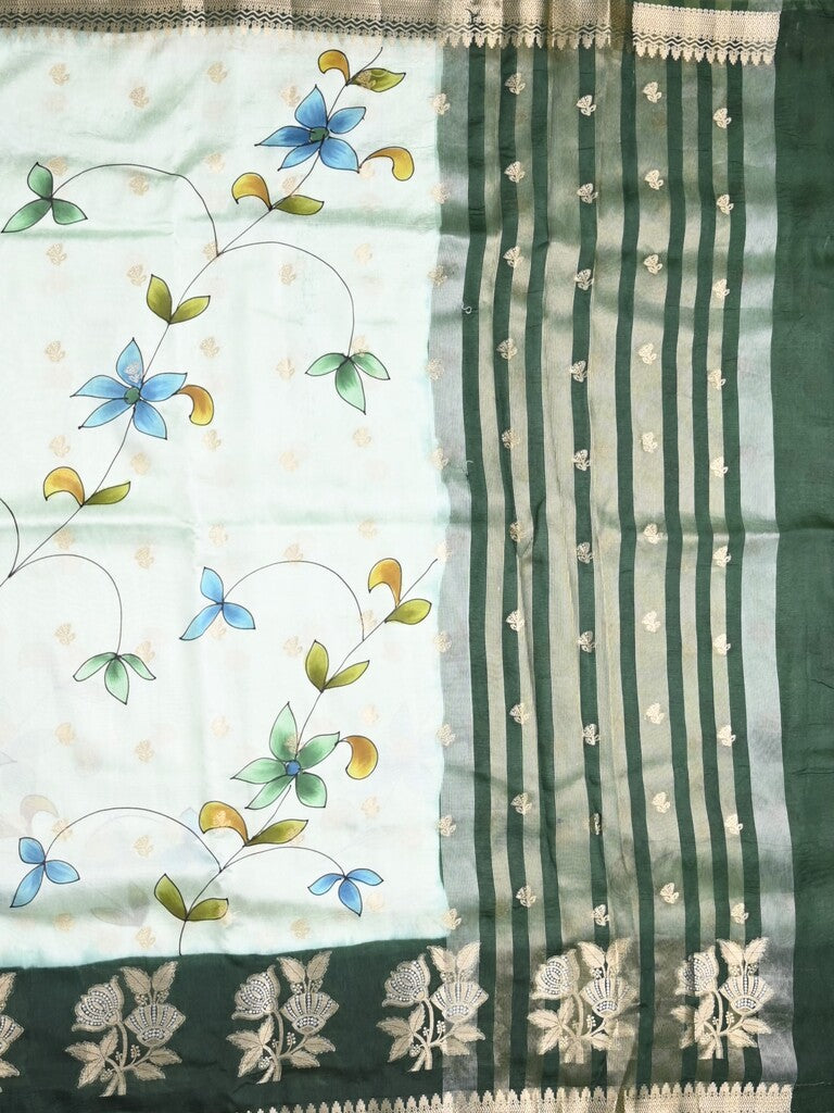 Raw mango fancy saree half white color allover prints & zari border with zari pallu and contrast blouse