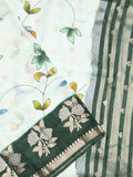 Raw mango fancy saree half white color allover prints & zari border with zari pallu and contrast blouse