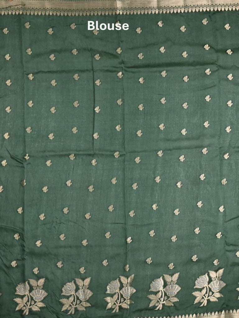 Raw mango fancy saree half white color allover prints & zari border with zari pallu and contrast blouse