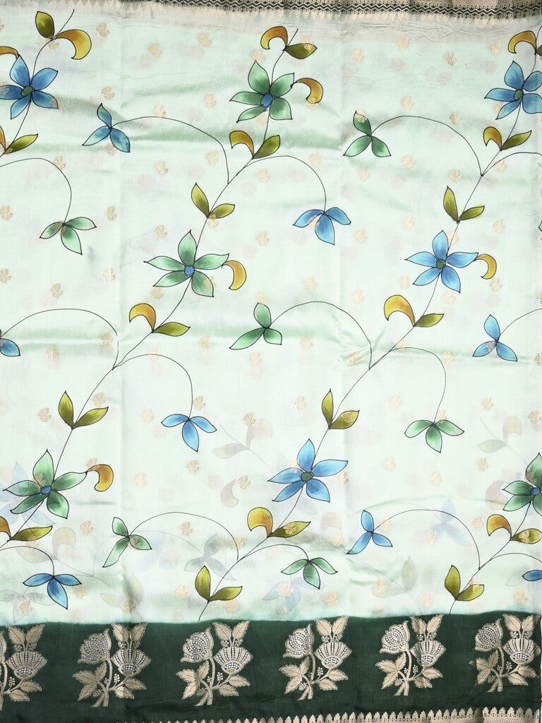 Raw mango fancy saree half white color allover prints & zari border with zari pallu and contrast blouse
