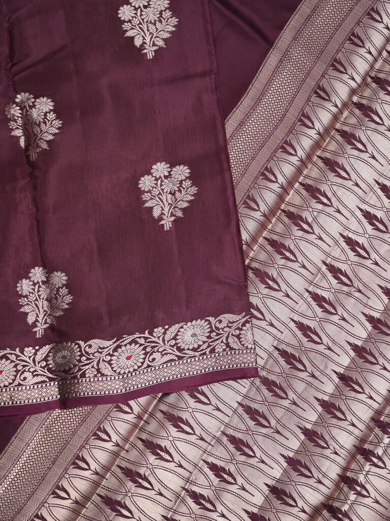 Raw mango fancy saree dark brown color allover zari motifs & zari border with zari pallu and brocade blouse