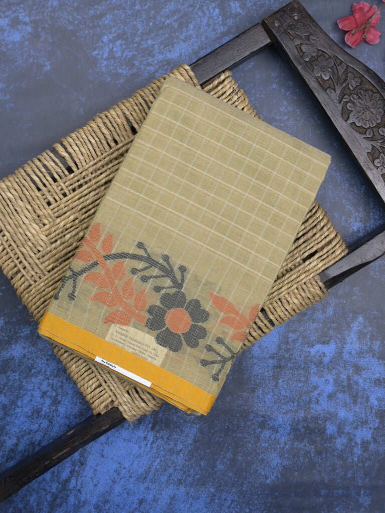 Dhaka cotton saree cream color allover checks & weaving border with contrast pallu and attached running blouse