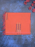 Kanchi cotton saree orange color allover weaves with stripes pallu and attached plain self blouse