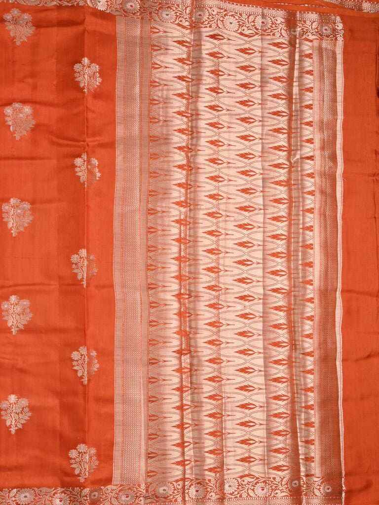 Raw mango fancy saree orange color allover zari motifs & zari border with zari pallu and brocade blouse
