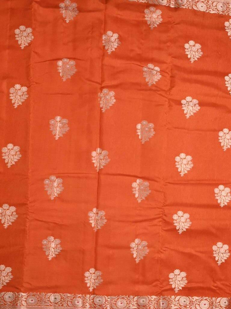Raw mango fancy saree orange color allover zari motifs & zari border with zari pallu and brocade blouse