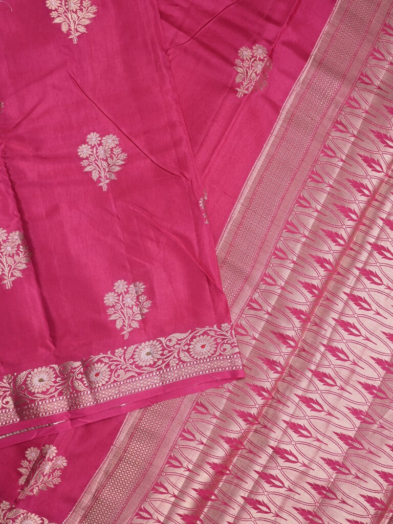 Raw mango fancy saree pink color allover zari motifs & zari border with zari pallu and brocade blouse