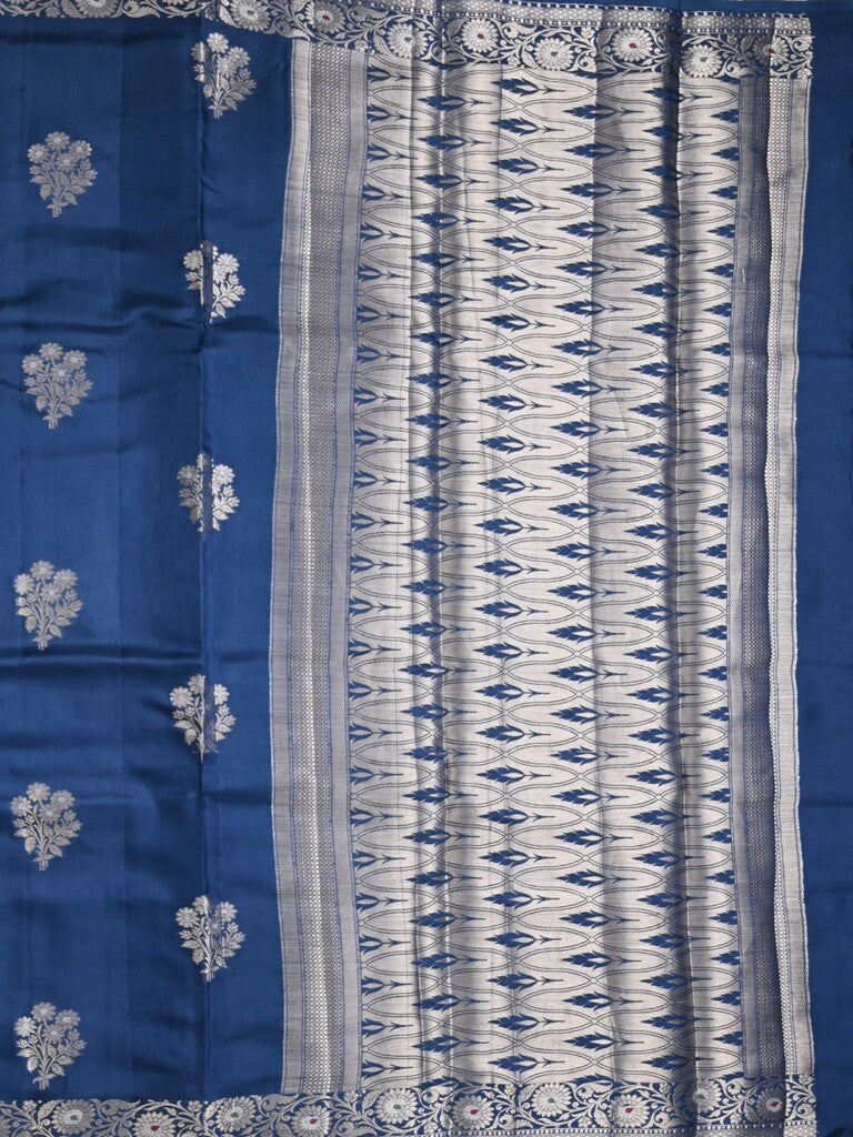 Raw mango fancy saree royal blue color allover zari motifs & zari border with zari pallu and brocade blouse