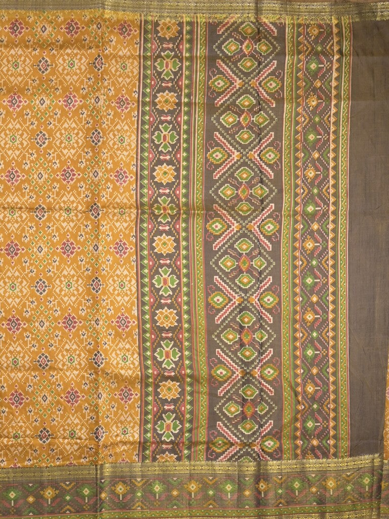 Ikkath fancy saree in yellow color allover design with zari border & ikkath pallu and plain blouse