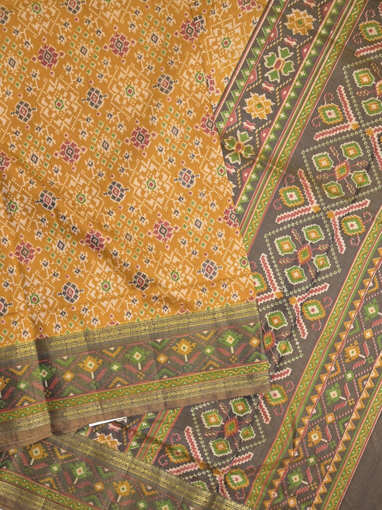 Ikkath fancy saree in yellow color allover design with zari border & ikkath pallu and plain blouse