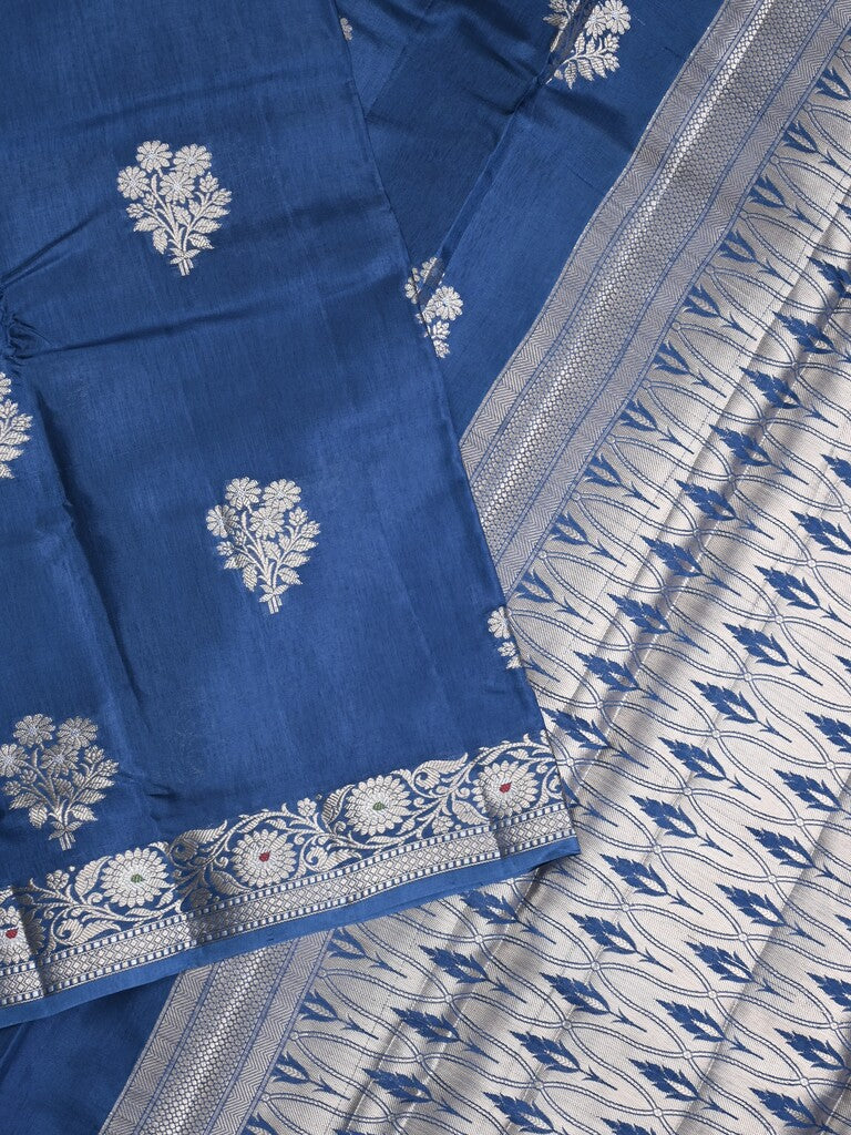 Raw mango fancy saree royal blue color allover zari motifs & zari border with zari pallu and brocade blouse
