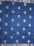 Raw mango fancy saree royal blue color allover zari motifs & zari border with zari pallu and brocade blouse