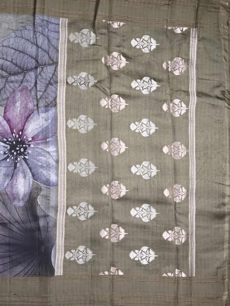 Chanderi fancy saree grey color allover prints & kaddi border with contrast pallu and printed blouse