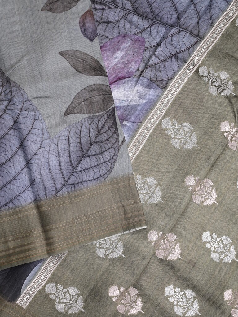Chanderi fancy saree grey color allover prints & kaddi border with contrast pallu and printed blouse