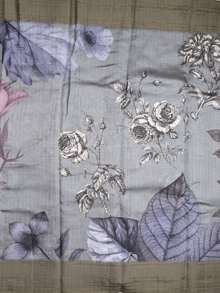 Chanderi fancy saree grey color allover prints & kaddi border with contrast pallu and printed blouse