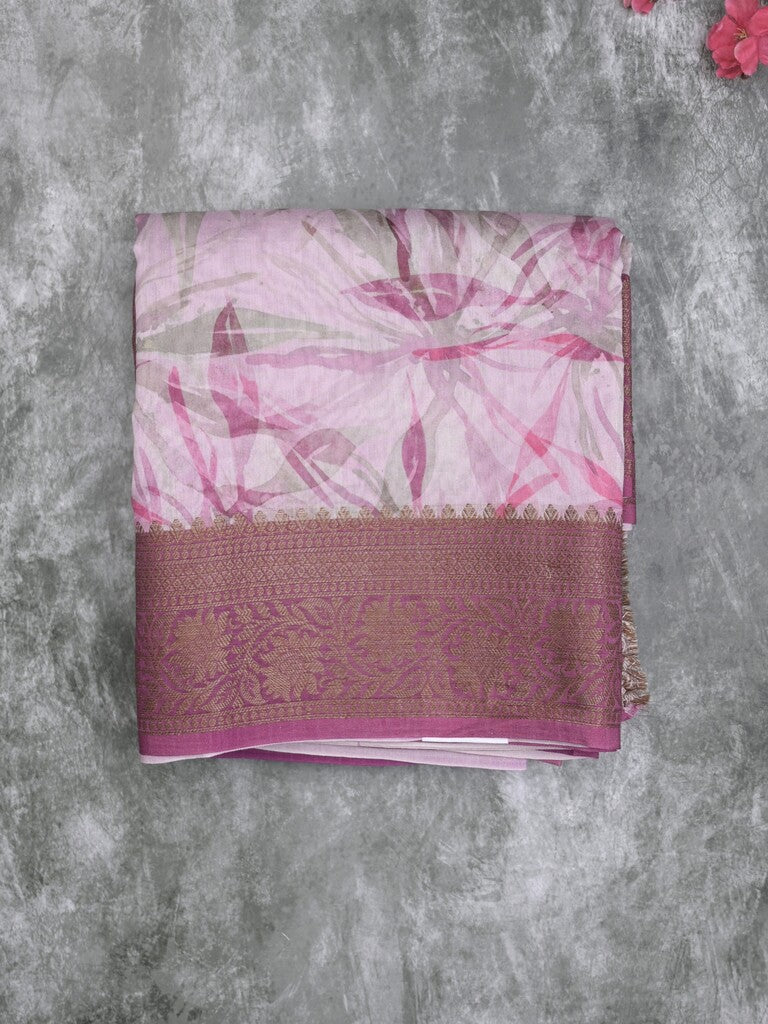 Maheshwari fancy saree pastel light purple color allover prints & zari border with short zari pallu and attached printed blouse