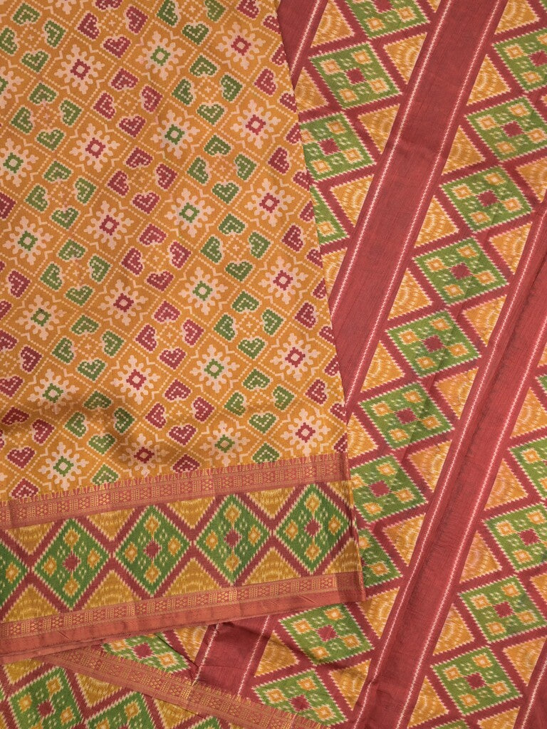 Ikkath fancy saree in orange color allover design with zari border & ikkath pallu and plain blouse