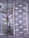 Chanderi fancy saree bluish grey color allover prints & kaddi border with contrast pallu and printed blouse
