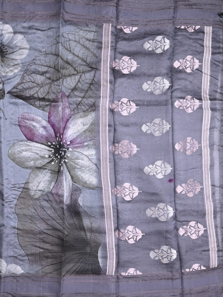 Chanderi fancy saree bluish grey color allover prints & kaddi border with contrast pallu and printed blouse