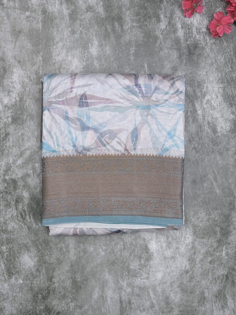 Maheshwari fancy saree pastel blue color allover prints & zari border with short zari pallu and attached printed blouse