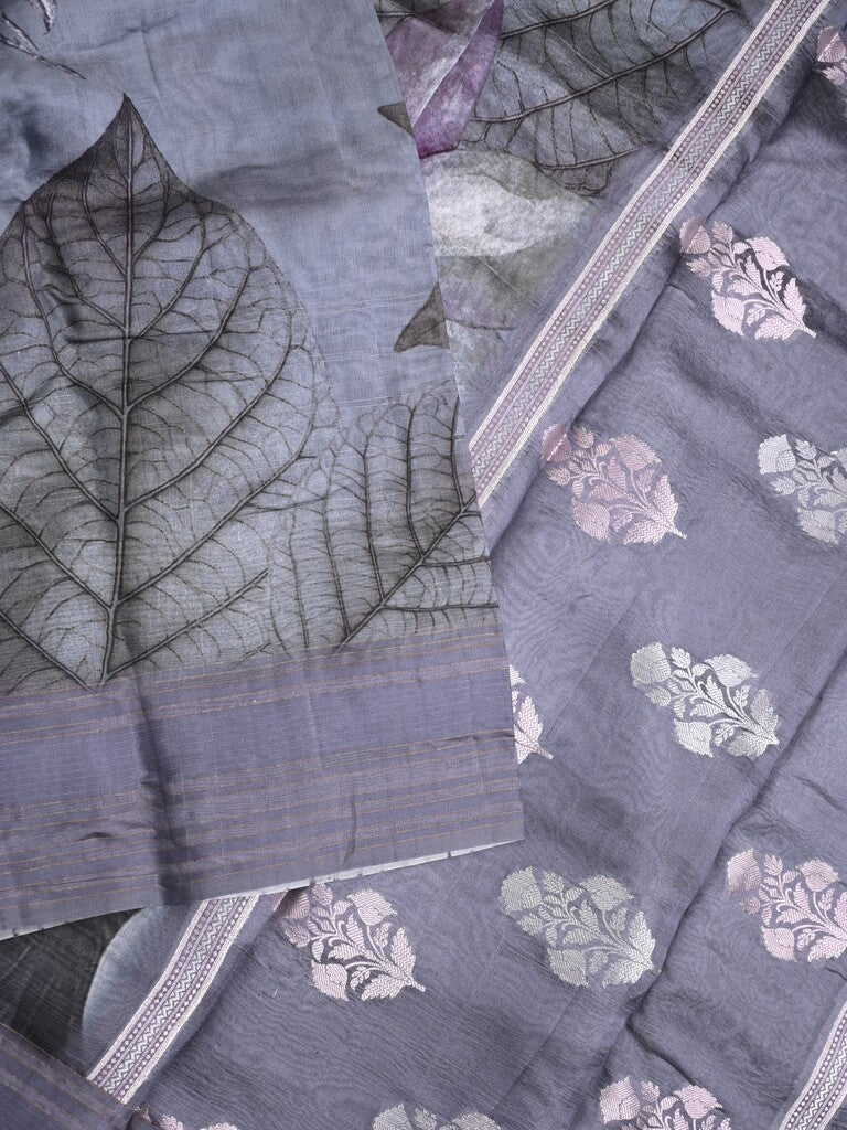 Chanderi fancy saree bluish grey color allover prints & kaddi border with contrast pallu and printed blouse