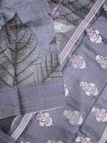 Chanderi fancy saree bluish grey color allover prints & kaddi border with contrast pallu and printed blouse