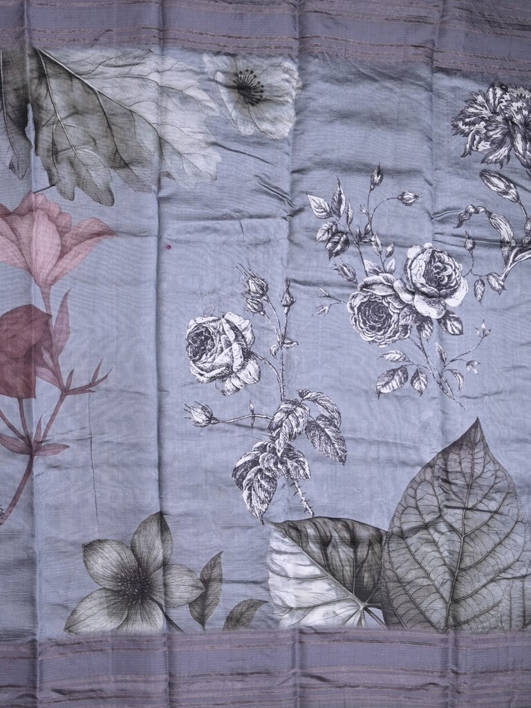 Chanderi fancy saree bluish grey color allover prints & kaddi border with contrast pallu and printed blouse