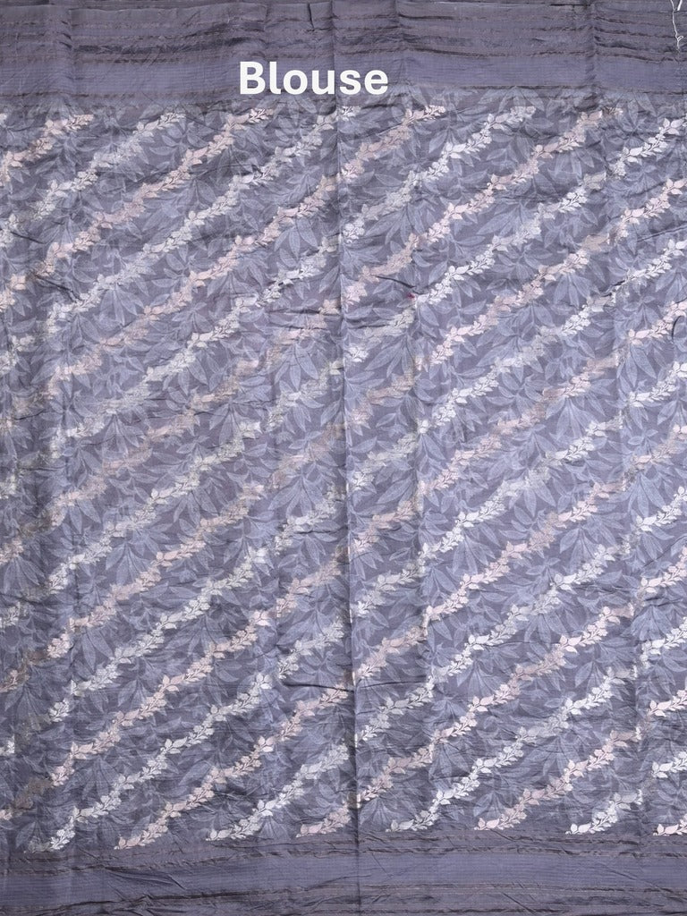 Chanderi fancy saree bluish grey color allover prints & kaddi border with contrast pallu and printed blouse