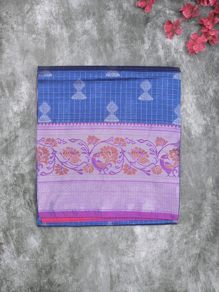 Mangalagiri fancy saree blue color allover zari motifs & zari border with rich pallu and plain blouse