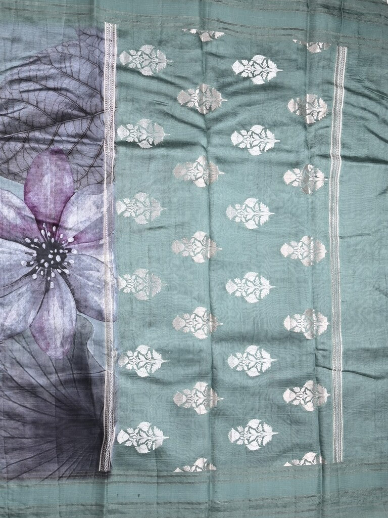 Chanderi fancy saree grey color allover prints & kaddi border with contrast pallu and printed blouse