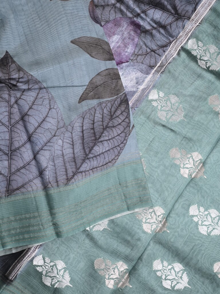 Chanderi fancy saree grey color allover prints & kaddi border with contrast pallu and printed blouse