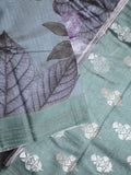 Chanderi fancy saree grey color allover prints & kaddi border with contrast pallu and printed blouse