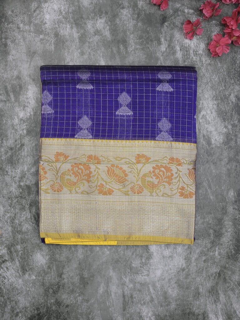 Mangalagiri fancy saree royal blue color allover zari motifs & zari border with rich pallu and plain blouse