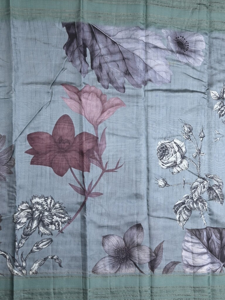 Chanderi fancy saree grey color allover prints & kaddi border with contrast pallu and printed blouse
