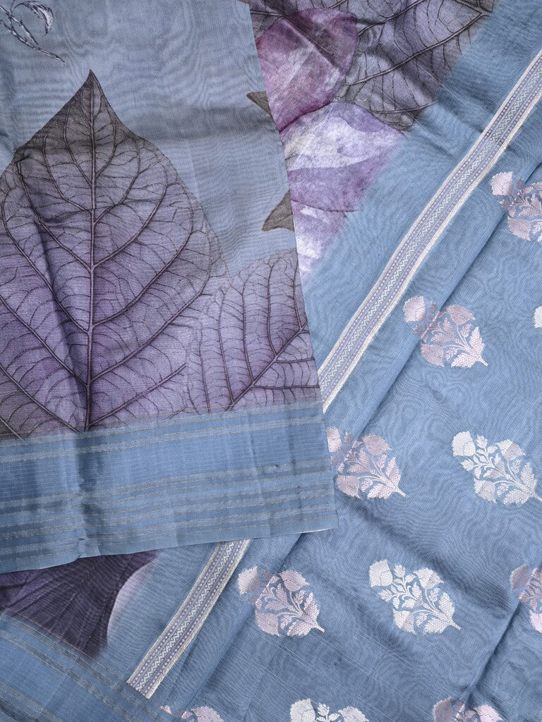 Chanderi fancy saree light blue color allover prints & kaddi border with contrast pallu and printed blouse