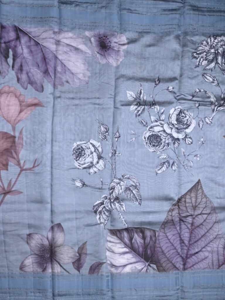 Chanderi fancy saree light blue color allover prints & kaddi border with contrast pallu and printed blouse