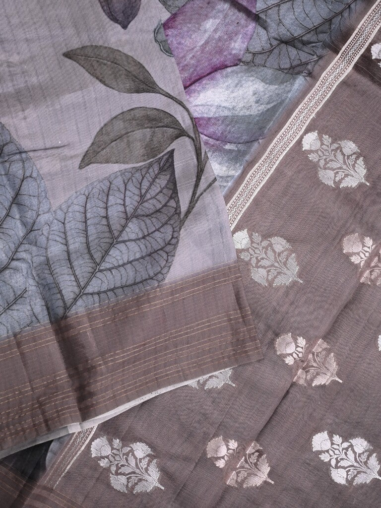 Chanderi fancy saree grey color allover prints & kaddi border with contrast pallu and printed blouse