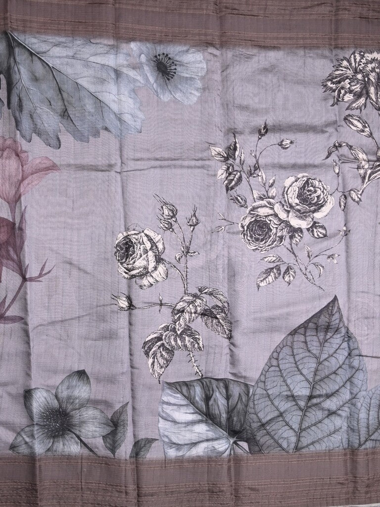 Chanderi fancy saree grey color allover prints & kaddi border with contrast pallu and printed blouse