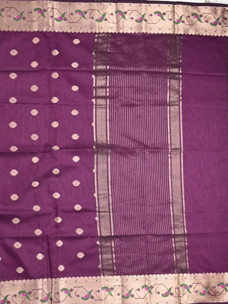 Chanderi fancy saree wine color allover zari motifs & zari border with zari pallu and self blouse