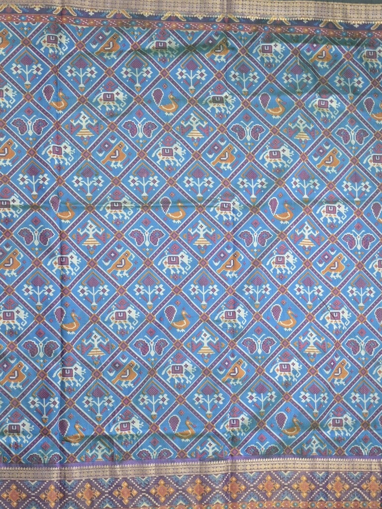 Ikkath fancy saree in navy blue color allover design with zari border & ikkath pallu and plain blouse