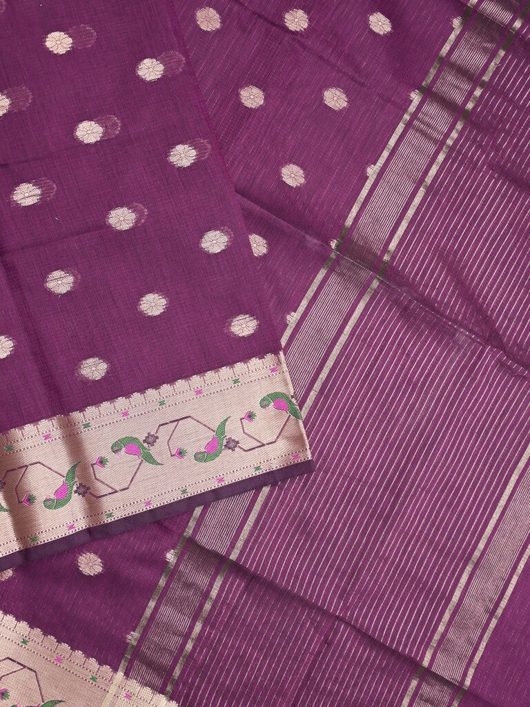 Chanderi fancy saree wine color allover zari motifs & zari border with zari pallu and self blouse